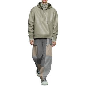 Men's Pu <b>Leather</b> Hooded Quarter-Zip Jacket Casual Loose Fit Solid Color Autumn Wear <b>leather</b> tracksuit - Product Image 1