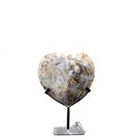 Cabochon en Jaspe Dendritique Cœur Design Moderne 15 cm Pierre Naturelle Polie Sculptée à la Main Support en Fer Dôme Plat à l'Avant