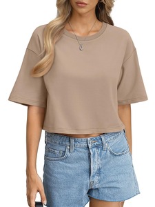Women Beige Short Sleeve <b>Crop</b> <b>Top</b> Crew Neck Loose Fit Solid Color Casual Summer T-Shirt 100% Cotton Jersey Knitted Breathable - Product Image 3