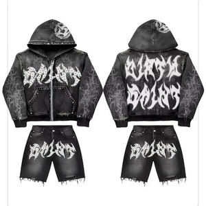<b>Zip</b> Up <b>Hoodie</b> and Shorts Set Men <b>Full</b> <b>Zip</b> <b>Hoodie</b> Mesh Shorts Two Piece Puff Print Logo Heavyweight Cotton Streetwear OEM - Product Image 4