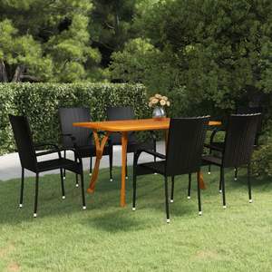 Juego de Comedor Apilable de 7 Piezas, Madera de Acacia Sólida Negra con Ratán PE, Conjuntos de Jardín - Product Image 1