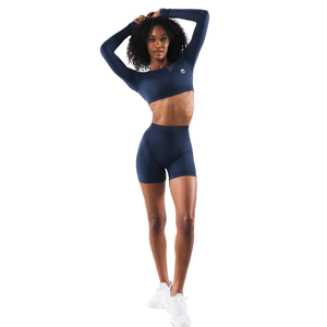 Haut court sans couture à épaules dénudées pour femme, bleu nuit, extensible, idéal pour la gym, le yoga et l'entraînement - Product Image 4