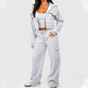 Ensemble de survêtement gris à capuche pour femme, manches longues, coupe ample, décontracté, pour l'automne, avec poches latérales, taille élastique, 100 % coton - Product Image 1