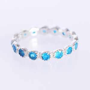 S925 Sterling <b>Silver</b> Eternity <b>Band</b> <b>Ring</b> With Blue Crystal Rhinestones Bezel Set Classic Style Women's Everyday Wear Fine Jewelry - Product Image 1