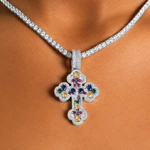 Luxury Multicolor Gemstone Cross Pendant | Iced Out White Gold Religious Cross <b>Charm</b> | Hip Hop Pendant for Men & Women - Product Image 2