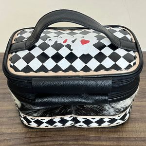 Luxury Custom Hand Tooled Checkered Leather Card Design <b>Cosmetic</b> <b>Bag</b> with Zipper Genuine Cowhide Leather Makeup <b>Bags</b> for Women's - Product Image 4