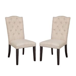 <b>Set</b> of 2 Beige and Weathered Espresso <b>Linen</b> Upholstered Dining Chairs with Tufted Back - Product Image 1