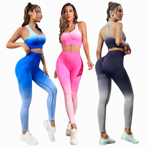 Conjunto de Yoga de Color Contrastante, Leggings de Cintura Alta, Sujetador Deportivo con Escote Redondo, 2 Piezas, Ropa Deportiva sin Costuras de Longitud Completa, Conjuntos para Gimnasio - Product Image 1