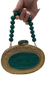 Oval Malachite Gemstone Panel Clutch with Beaded Stone Handle <b>Gold</b> Tone Metal Frame Handmade Luxury Statement <b>Bag</b> for wedding - Product Image 3