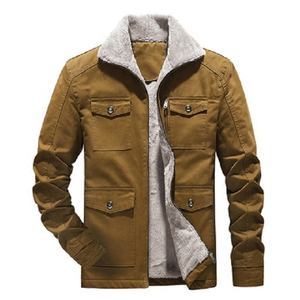 Veste en velours côtelé marron pour homme avec doublure polaire, fermeture éclair, coupe décontractée, couleur unie, poches, surpiqûres apparentes, idéale pour l'hiver - Product Image 1