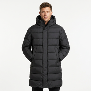 Veste d'hiver en duvet à capuche longue pour homme, noire unie, coupe-vent, fermeture éclair, décontractée, en polyester - Product Image 2
