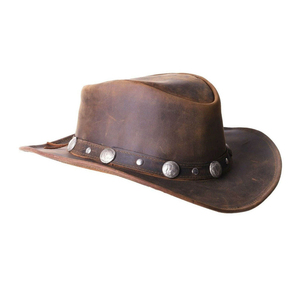 Sombrero Vaquero Occidental de Cuero Hecho a Mano de Primera Calidad, Resistente, Color Marrón Desgastado con Banda Trenzada - Product Image 1