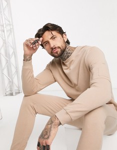 Men's Beige Crew Neck <b>Tracksuit</b> Full Sleeve Solid Color Casual Sweatshirt and Pants Set Breathable Midweight Cotton Autumn Wear - Product Image 2