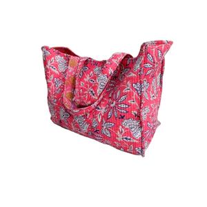 Fourre-tout en coton fait à la main avec bloc imprimé, sac à bandoulière matelassé en coton, sacs à provisions rose, vente en gros - Product Image 3