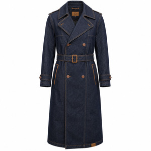 Abrigo de mezclilla índigo crudo para hombre, estilo gabardina, doble botonadura, largo, con cinturón, estilo streetwear, ropa exterior - Product Image 2