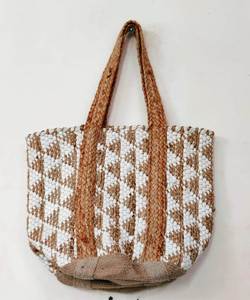 Crochet Tote <b>Bag</b> Geometric Pattern Bohemian Style <b>Beach</b> <b>Bag</b> For <b>Women</b> Durable Open Top Two Handles - Product Image 3