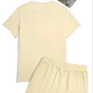 Conjunto de Camiseta y Pantalones Cortos Casuales de Verano para Hombre, Color Amarillo Mostaza, Cuello Redondo, Diseño con Letras Impresas, Transpirable y Cómodo, Tejido de Punto - Product Image 3
