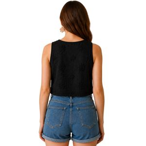 Top Corto Negro con Bordado Floral para Mujer, Chaleco de Verano sin Mangas de Algodón, Logotipo Personalizado, Moda Casual Urbana - Product Image 2