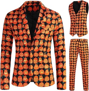 Costume d'Halloween pour homme, motif citrouille, trois pièces, coupe classique, simple boutonnage, col cranté, polyester tissé - Product Image 1