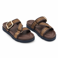 Sandales plates à plateforme en raphia synthétique marron avec boucle, bout ouvert, semelle en caoutchouc antidérapante, tendance mode été pour femmes