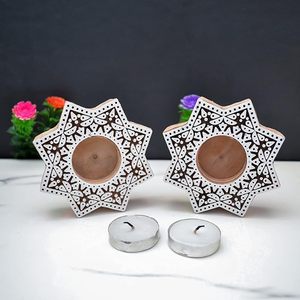 Wooden <b>Tea</b> Light Candle Holder <b>Stand</b> for Diwali Handmade Block Print Star Shaped T Light Holder for Home Decor - Product Image 2