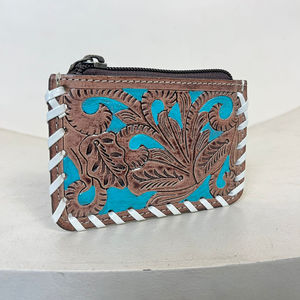 Monedero de piel de vaca loco color personalizado OEM ODM diseño verde azulado floral Banco compras mano tooled tarjetero para mujer - Product Image 4