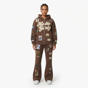 Conjunto de chándal de invierno para mujer con sudadera con cremallera y pantalones acampanados, sudadera extragrande y pantalones deportivos de forro polar de corte relajado - Product Image 1