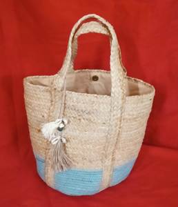 Bohemian Straw Cotton jute Tote Bag With Blue Bottom Two Handles Open <b>Top</b> For Beach Casual Use <b>Women's</b> Durable Handbag - Product Image 4