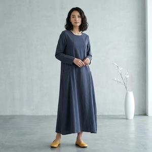Robe longue en coton et lin gris pour femme, manches longues, coupe décontractée, respirante, robe d'été décontractée - Product Image 1