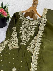 Heavy Embroidered <b>Silk</b> Kurta Palazzo Set Olive <b>Green</b> Floral Beaded Salwar Kameez for Wedding Party Graduation Diwali Spring - Product Image 1