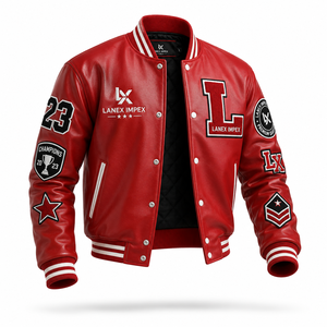 Custom Red Varsity Letterman Jacket Men PU Leather Baseball College Jacket Chenille Embroidered Patch Bomber Jacket OEM Bulk - Product Image 1