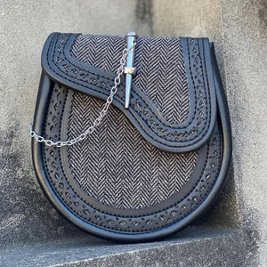 Handmade Men's Scottish Grey Tweed Black Vegan Leather Sporran Scottish Kilt Sporran with Pin Lock & <b>Chain</b> <b>Belt</b> - Product Image 1