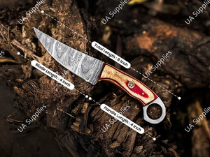 มีดแค้มปิ้งเหล็กดามัสกัส ฟูลแทงค์ ตีขึ้นรูปด้วยมือ ปลายหยดน้ำ ใบมีดคงที่ ด้ามไม้ปักก้า รับผลิตแบบ OEM/ODM ขายส่ง ราคาดีที่สุด - Product Image 2