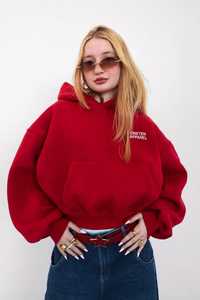 Hoodie rouge oversize à manches lanternes, poche kangourou, logo brodé sur le devant, 100% coton, 400 grammes, doublure respirante avec lettres. - Product Image 2