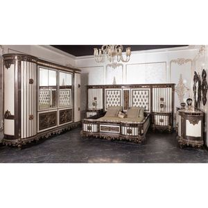 Luxury Neoclassical Solid Teak Wood Bedroom Set King Size Bed with Grand <b>Mirrored</b> Wardrobe 2 Nightstands and Dressing <b>Table</b> - Product Image 4