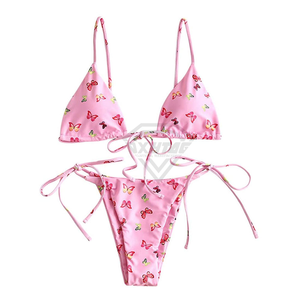 Conjunto de Bikini con Estampado de Mariposas Rosas para Mujer, Traje de Baño Elástico de Dos Piezas, Top Halter con Lazos Laterales y Detalle de Cordón - Product Image 3