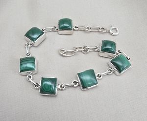 Pulsera de Eslabones Cuadrados de Plata de Ley 925 Chapada en Oro Clásico con Malaquita, Gema Verde, Joyería Hecha a Mano, Regalo - Product Image 1
