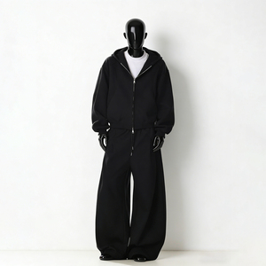 <b>Men's</b> Black Hooded <b>Pullover</b> Tracksuit Full-Length Zipper-Up Regular Fit 100% Cotton Heavyweight 400g Fabric Anti-Shrink Casual - Product Image 1