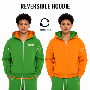 Sweat à capuche réversible personnalisé à fermeture éclair, double face vert-orange, épais, orné de strass, pour homme, style streetwear, fabricant OEM - Product Image 1