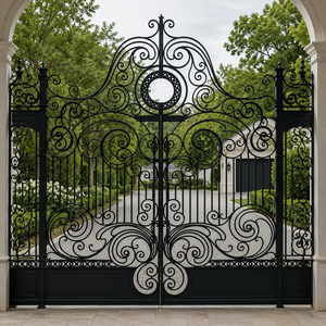 Elegante puerta doble de hierro forjado negro con intrincado medallón circular de calado y diseño de entrada de mansión lujosa - Product Image 4