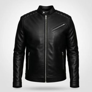 Chaqueta de Moto para Hombre, Roja, de Cuero Genuino, Transpirable, Resistente al Viento, con Cuello Alto, Cierre de Cremallera, Corte Ajustado, Forro de Algodón para Invierno - Product Image 2