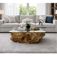 Table basse rustique multifonction en bois massif de racine de teck avec plateau en verre