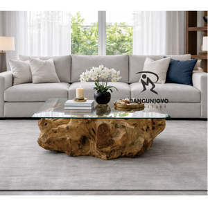 Table basse rustique multifonction en bois massif de racine de teck avec plateau en verre - Product Image 3