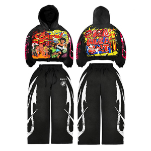 Conjunto de Sudadera con Capucha y Pantalones de Chándal Personalizados al por Mayor, Estilo Urbano, Oversize, Corto, con Cremallera Frontal, Estampado, Negro, Unisex, de Poliéster Tejido, para Otoño - Product Image 1