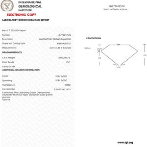 เพชรทรงเอเมอรัลด์ 1.00 กะรัต สี E ความสะอาด VS1 เพชรเพาะเลี้ยงในห้องปฏิบัติการ รับรองโดย IGI สำหรับทำเครื่องประดับ - Product Image 3