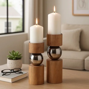 Decorative Antique Style Modern Wooden Candle Stand with Stainless Steel Sphere Base <b>Heat</b> Resistant Home Decoration - Product Image 3