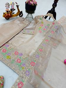 Ensemble Salwar Kameez Choli traditionnel indien brodé de fleurs beiges, vêtements ethniques pour femmes, tenue cousue en 3 pièces pour mariage XXL - Product Image 3