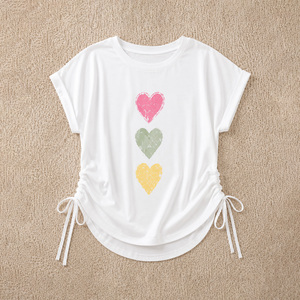 Custom Women's Drawstring Hem Graphic T-Shirt Heart Print Relaxed Fit Tee Adjustable Side <b>Tie</b> Fashion women's shirt Boutique DTG - Product Image 3