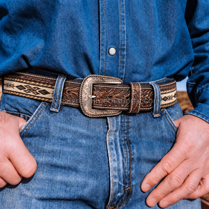 Wholesale Western Leather <b>Belt</b> for Men Women Brown Floral Tooled Cowboy <b>Belt</b> with Aztec Woven Fabric Inlay <b>Silver</b> <b>Buckle</b> - Product Image 4