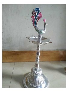 <b>Silver</b> Plated Peacock Diya Oil <b>Lamp</b> with Tall Polished Aluminium Stand Traditional Indian Puja Deepak for Home Temple Festival - Product Image 1